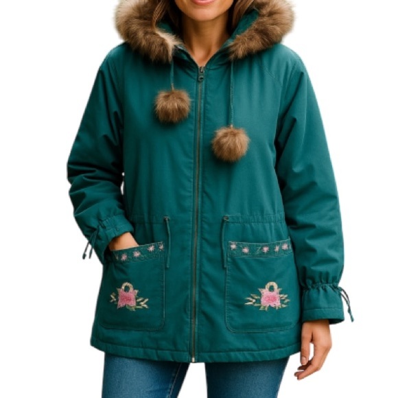 VINTAGE Handmade Labrador Parka Jacket Hunter Green Embroidered Fox Fur Poms M - Picture 1 of 11